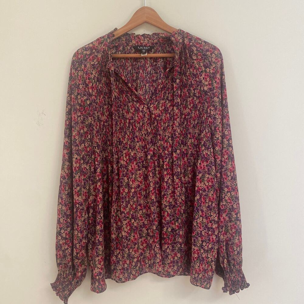 Lauren Ralph Lauren Boho Tunic Top Black Purple Pink Floral Tie Neck 2XL Black
